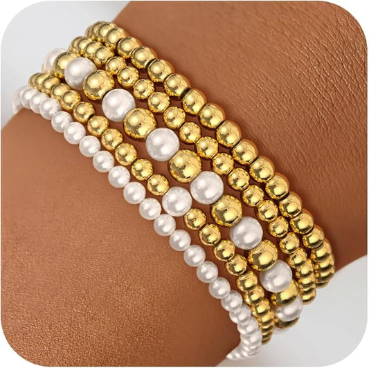 Gold Bead Bracelets for Women Girls - 14K Gold Plated Dainty Round Bead Ball Pearl Cross Bracelet Stack for Women Teenage Girls Stackable Jewelry Christmas Gifts