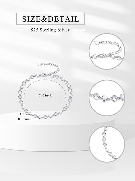 Birthstone Charm Link Bracelet 925 Sterling Silver Rose/Heart/Mom Bracelet with 12 Months Birthstone Mother's Day Gift Jewelry Gifts for Women,Chain Length 7"+2" Extend