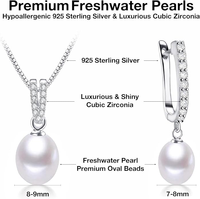 Pearl Jewelry Set For Women with Cubic Zirconia Freshwater Pearl Pendant Necklace & Earrings 925 Sterling Silver for Wedding Prom Gift