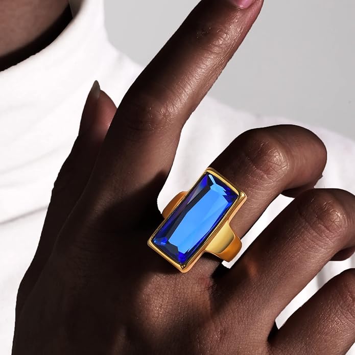 VNOX Vintage Fashion Stainless Steel Gold Plated Rectangular Black Glass Crystal Cocktail Statement Onyx Ring for Women