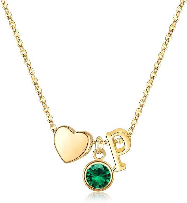 Ursilver Initial Birthstone Necklace for Women - Heart Initial Birthstone Pendant Necklace Personalized Gifts Birthday Gifts for Women