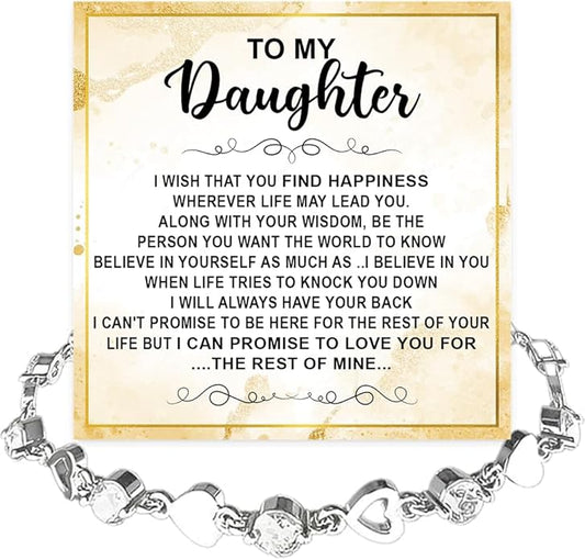 To My Daughter Bracelet, Silver Heart Chain Bracelet with Shiny Stones, Perfect Birthday or Graduation Christmas Gift for Daughter with Message Card Gift Box