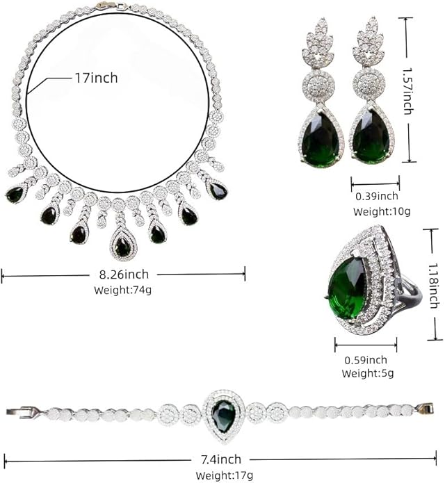 Rhinestone Wedding Bridal Jewelry Set Women's Prom Style Emerald Teardrop Necklace, Earrings, Bracelet, Ring Wedding Bridesmaid Gift Pairs With Evening Gowns