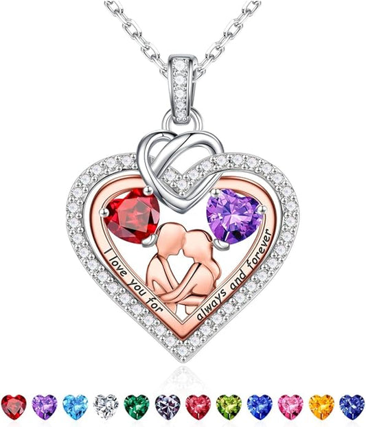 Iefil Valentines Day Gifts for Her - 925 Sterling Silver Double Heart Birthstone Necklace for Women, Anniversary Birthday Gifts for Wife I Love You Gift Couple Sitting Hugging Each Other Jewelry Gift