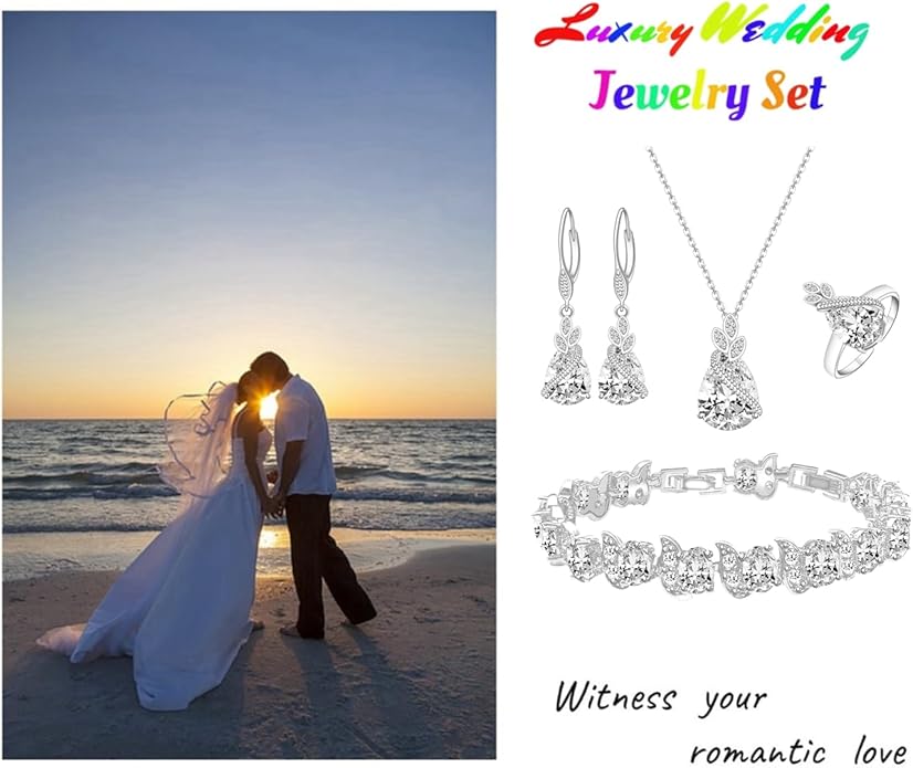 LMXXVJ Jewelry Set for Women,Teardrop Cubic Zirconia Necklace Earrings Adjustable Ring Bracelet Jewelry Set Formal Jewelry Gift
