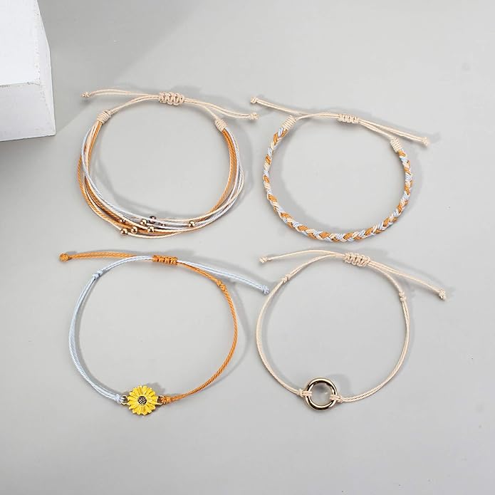 FANCY SHINY Sunflower String Bracelet Boho Braided Rope Wrap Bracelets Cute Summer Beach Surfer Jewelry for Women