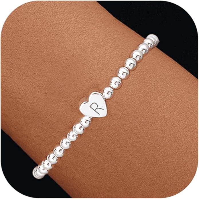 Valentines Day Gifts for Women Her - Dainty Beaded Heart Initial Bracelets Letter A-Z Charm Stretch Bead Ball Bracelet Trendy Jewelry Gifts
