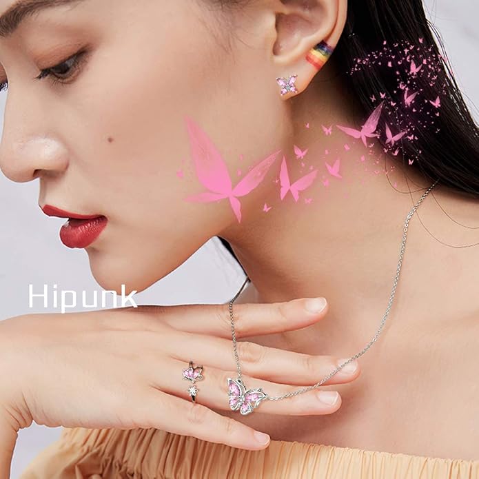 925 Sterling Silver Birthstone Butterfly Jewelry Women Crystal Animal Cute Butterflies Birthday Necklace/Earring/Ring/Bracelet Sets Birth Stone Statement Anniversary Jewellery