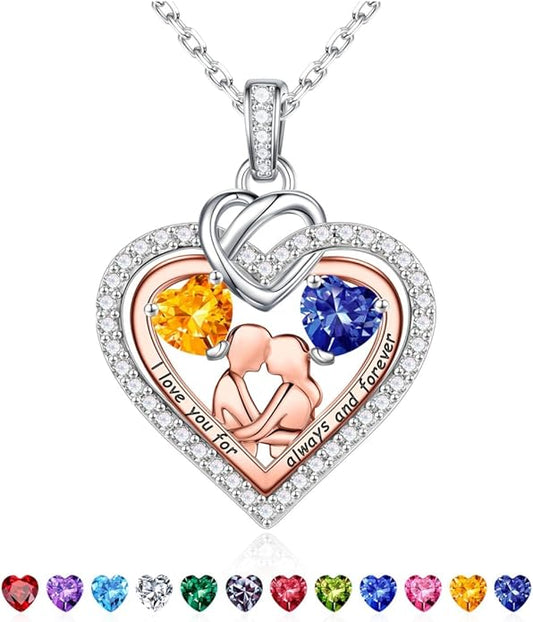 Iefil Valentines Day Gifts for Her - 925 Sterling Silver Double Heart Birthstone Necklace for Women, Anniversary Birthday Gifts for Wife I Love You Gift Couple Sitting Hugging Each Other Jewelry Gift