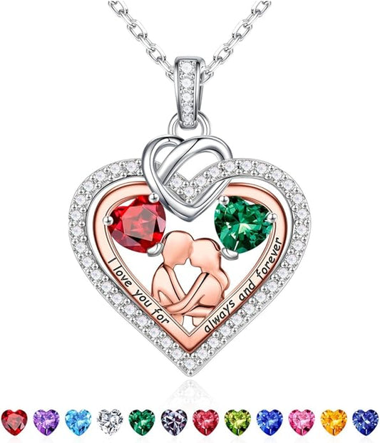 Iefil Valentines Day Gifts for Her - 925 Sterling Silver Double Heart Birthstone Necklace for Women, Anniversary Birthday Gifts for Wife I Love You Gift Couple Sitting Hugging Each Other Jewelry Gift
