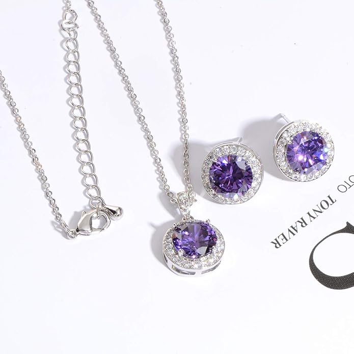 Bridal Crystal Jewelry Set - Sterling Silver Round Cubic Zirconia CZ Rhinestone Halo Birthstone Pendant Necklace Stud Earrings Set for Wedding Bride Bridesmaids Birthday Gift