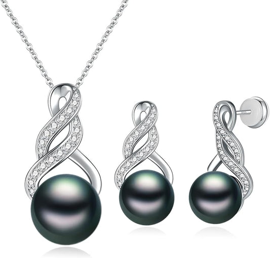Gifts for Women-Pearl Necklace and Earring Set -925 Sterling Silver Jewelry Set- Birthday Valentines Day Anniversary or Christmas Gifts for Wife