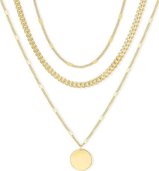 YEEZII Layered Gold Necklaces for Women Trendy, 3 Pcs 14K Gold Plated Choker Paperclip Box Chain Necklace, Stackable Women's Gold Pendant Necklaces Jewelry Set