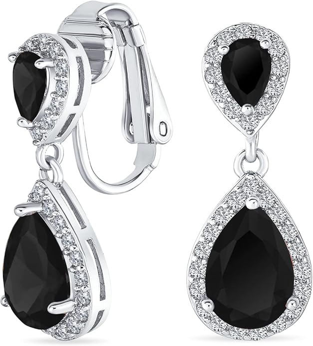Vintage Style Bridal Cubic Zirconia Simulated Gemstone AAA CZ Halo Dangle Teardrop Chandelier Clip On Earrings For Women Silver Rose Gold Plated in Black Purple Blue Red Rose Pink Green Clear
