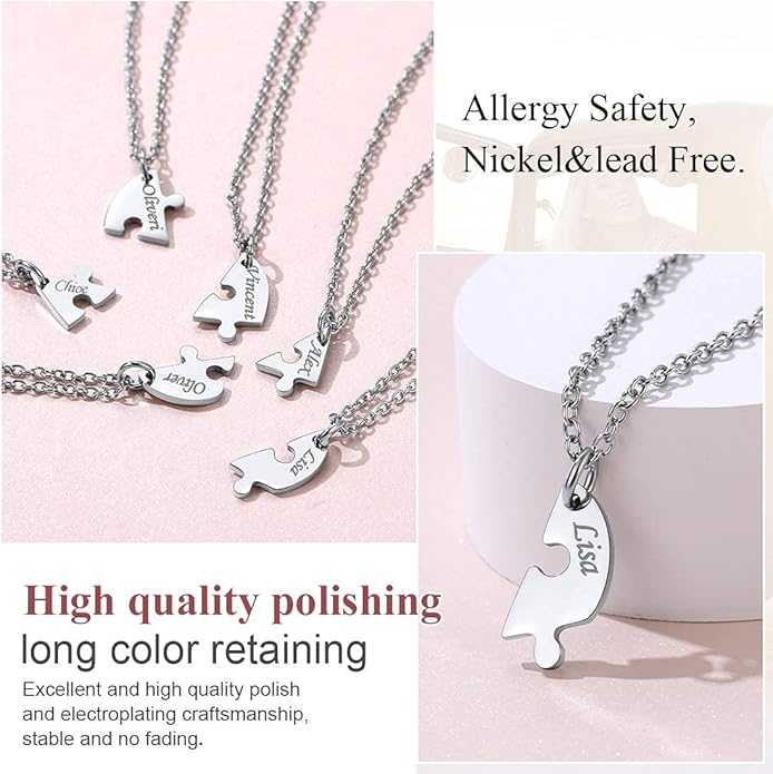 FindChic Personalized Matching BFF Necklace for 2/3/4/5/6 Puzzle Name Heart Pendant Stainless Steel Couple Necklace Set Customized Necklaces for Teen Girls
