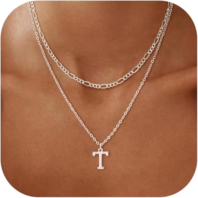 Initial Necklaces for Women Dainty Gold Silver Layered Letter Pendant Necklace Cute Figaro Chain Choker Necklace Personalized Trendy Stuff Jewelry Stack Gift for Women Her