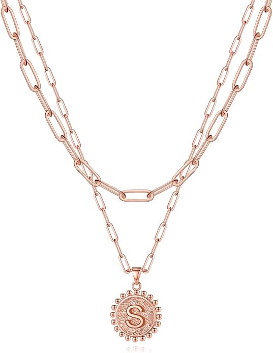 Yoosteel Valentines Gifts for Women Her - Gold Layered Initial Necklaces for Women 14K Gold Plated Dainty Layering Paperclip Link Chain Necklace Coin Initial Necklace Birthday Gifts for Teen Girls