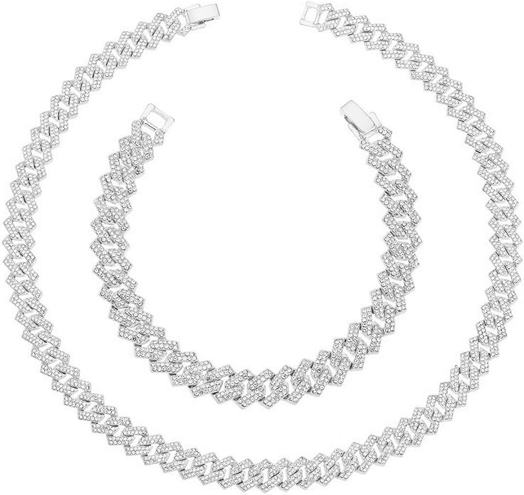 HH BLING EMPIRE 14k Gold/Silver Cuban Link Chain for Women Iced Out Diamond Chunky Cuban Link Necklace Chain Bracelet 2pcs Sets