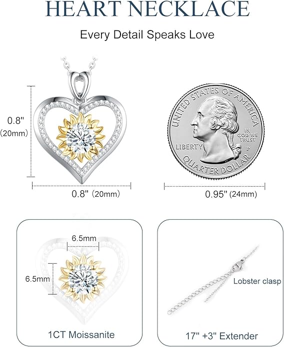 Sunflower Moissanite Heart Necklace for Women, Anniversary Birthday Gift for Wife, S925 Silver Moissanite Lab-Created Gem Jewelry for Her Girlfriend Mom