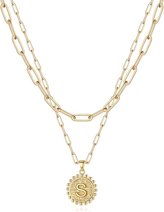 Yoosteel Valentines Gifts for Women Her - Gold Layered Initial Necklaces for Women 14K Gold Plated Dainty Layering Paperclip Link Chain Necklace Coin Initial Necklace Birthday Gifts for Teen Girls