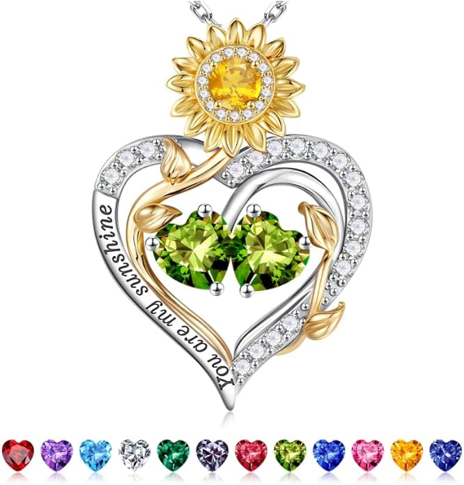 Iefil Valentines Day Gifts for Her - 925 Sterling Silver Sunflower Double Birthstone Necklace for Women, Anniversary Birthday Gifts for Wife, You Are My Sunshine Necklaces, Jewelry for Wife Mom