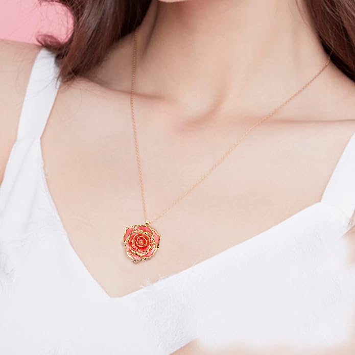 AliveRose Real Rose Gold Dipped Necklace Gifts for Women, 24K Gold Dipped Rose Pendant Necklace Jewelry Mothers Day Anniversaries Birthday Christmas Special Occasions Gifts for Her Mom Wife