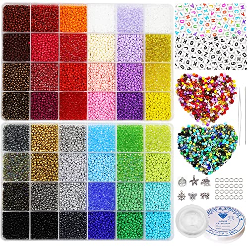 18800Pcs 3mm 48-Color Glass Seed Beads + 260 Alphabet Letter Beads DIY Jewelry Making Kit | Adult Craft Supplies with Elastic String, Charms, Rings for Bracelet Necklace Art Projects - color: 48 Colors