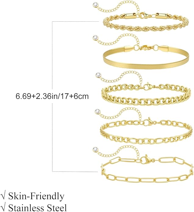 Emibele Gold Bracelets for Women, Dainty Adjustable 14K Gold Plated Bracelet Stack, Elegant Beaded Link Chain Bracelet Sets, Jewelry Gifts for Women
