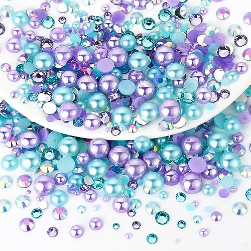 60g Flatback Pearls and Rhinestone Mix, 2mm-10mm Mixed Size Flatback Rhinestones and Pearls for Crafts Tumblers Shoes Nails Face Art, Purples|Aquamarine - color: Miss Mermaid Blend | Mix Purples | Aquamarine