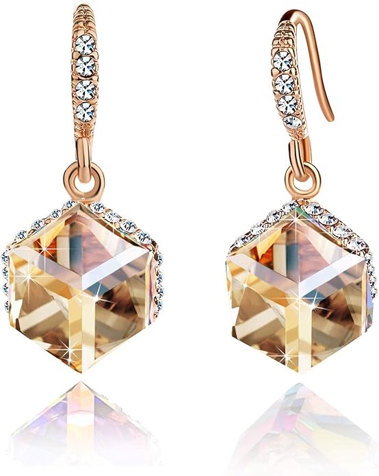 Austrian Crystal Cube Drop Dangle Earrings for Women 14K Gold Plated Hypoallergenic Jewelry