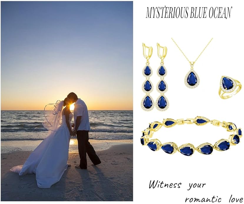 LMXXVJ Necklace Long Earrings Bracelet Set, White Gold Plated Created Blue Sapphire Jewelry Set Wedding Party Gift Jewelry for Women Bridal Bridesmaid