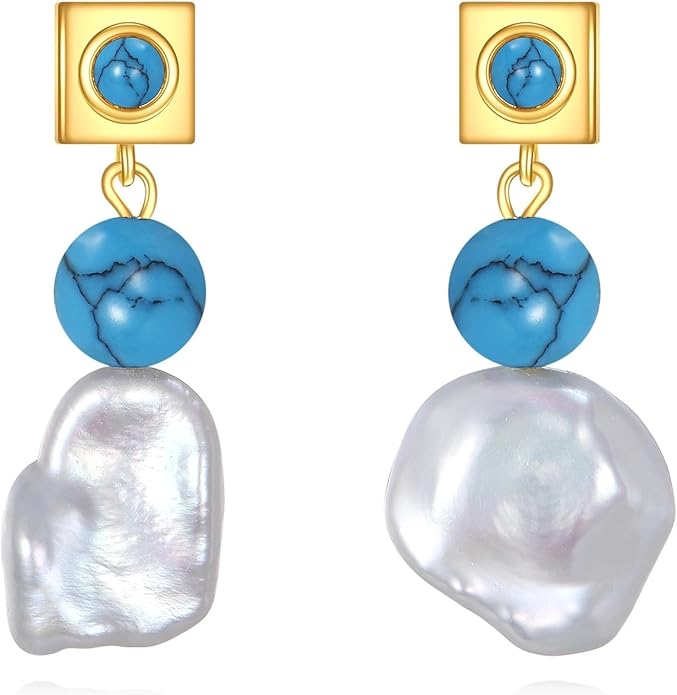 Turquoise Dangle Earrings 14K Gold Plated Sterling Silver Boho Earrings with Cultured Pearl Drop Jewelry Gift for Women