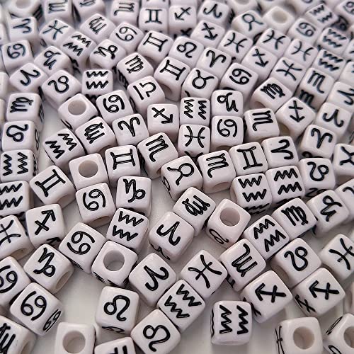 200+ Pieces 7x7mm White Cube Acrylic Alphabet Zodiac Charms Constellation Beads Mixed Plastic Shape Loose Beads for Jewelry Making Bracelets Necklaces Key Chains (Black on White) - size: Black on White