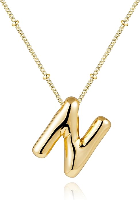 Inerney Valentines Day Gifts Gold Bubble Letter Necklace Initial Necklaces for Women, Chunky 14K Plated Balloon Initials, Trendy Charm Non Tarnish Custom Name Pendant Jewelry Gifts for Mom