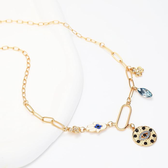 MISS RIGHT Dainty Gold Evil Eye Hamsa Hand Coin Lucky Charm Pendant Necklace for Women Trendy Vintage Paperclip Chain Sun Moon Clover Flower Chunky Charm Necklace Jewelry Gifts