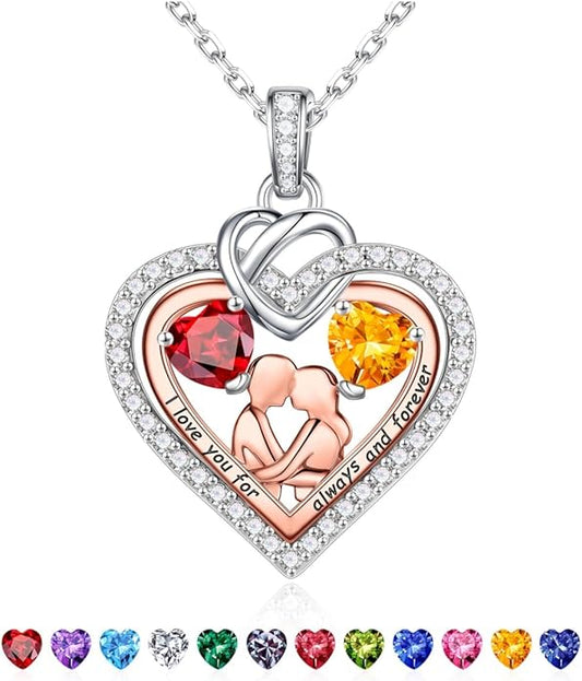 Iefil Valentines Day Gifts for Her - 925 Sterling Silver Double Heart Birthstone Necklace for Women, Anniversary Birthday Gifts for Wife I Love You Gift Couple Sitting Hugging Each Other Jewelry Gift