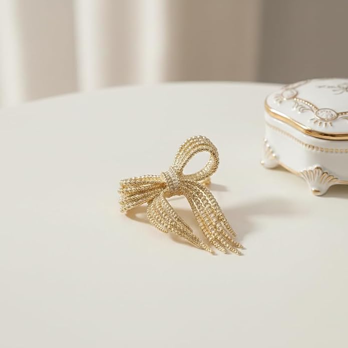 Dainty Bow Brooch for Women, Elegant Gold Finish Ribbon Knot Pins, Classic Women's Brooches for Suit Dress Hat Bag Clothes Accessories and Wedding Party Professional Outfits