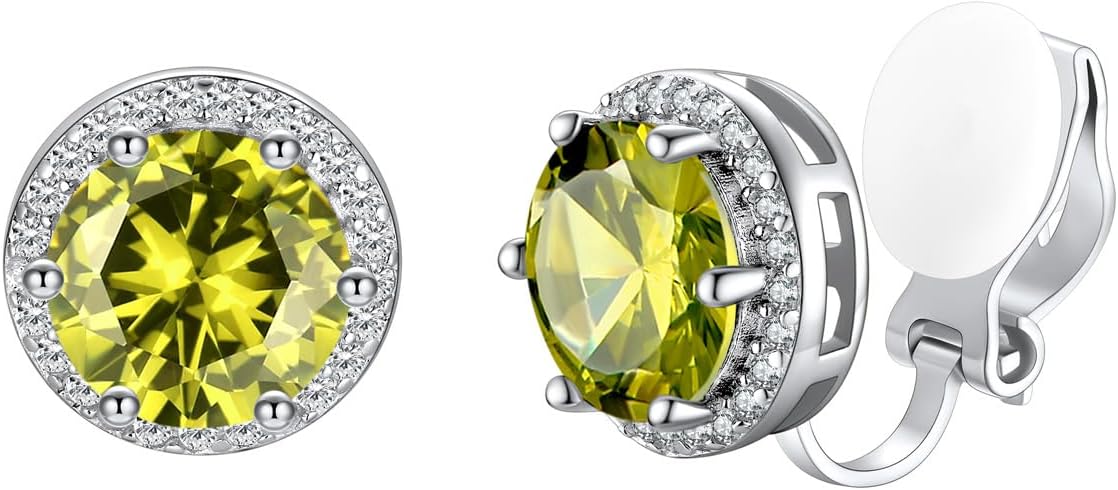 Silvora 925 Silver 8MM Cubic Zirconia Birthstone Clip On Stud Earrings Round Non Pierced Earrings For Women,Come with Box