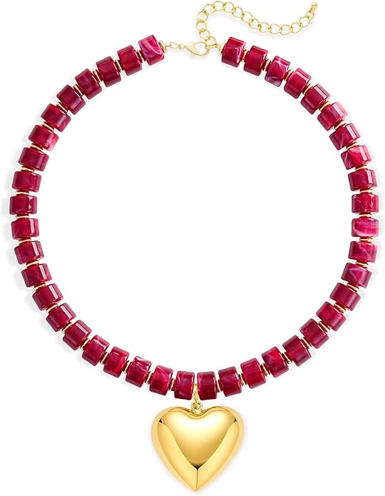 Boho Chunky Heart Necklace for Women - Resin Beaded Choker with Gold Pendant, Summer Beach Vacation Jewelry, Trendy Surfer Y2K Statement Necklace Gifts for Her