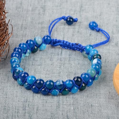 MASSIVE BEADS Double Layer Natural Chakra Healing Power Crystals Macrame Bracelet Yoga Stone Beads Gemstone Meditation Relax Anxiety Bangle for Unisex Women Men - color: Blue Stripe Agate, size: 4mm