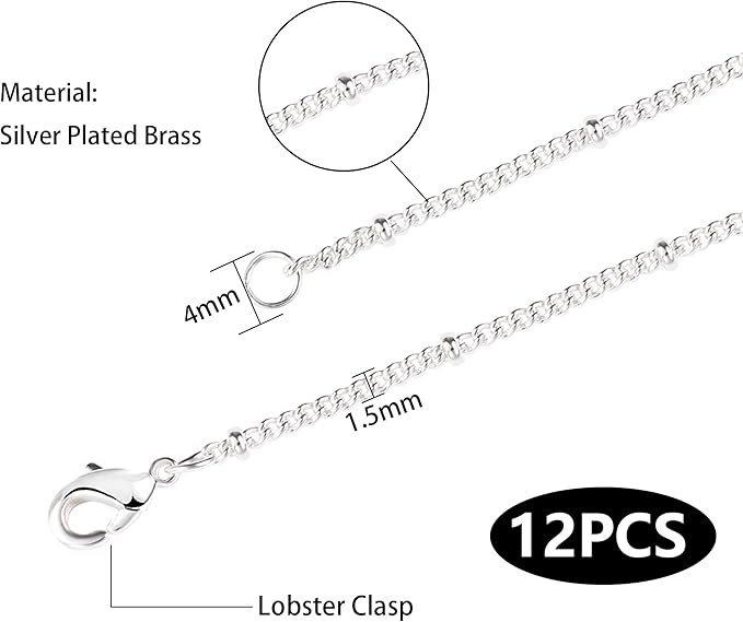 Wholesale 12PCS Silver Plated Brass Curb Chain Satellite Beaded Chains Bulk for Jewelry Making (16 Inch(1.5mm))