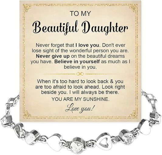 To My Daughter Bracelet, Silver Heart Chain Bracelet with Shiny Stones, Perfect Birthday or Graduation Christmas Gift for Daughter with Message Card and Gift Box