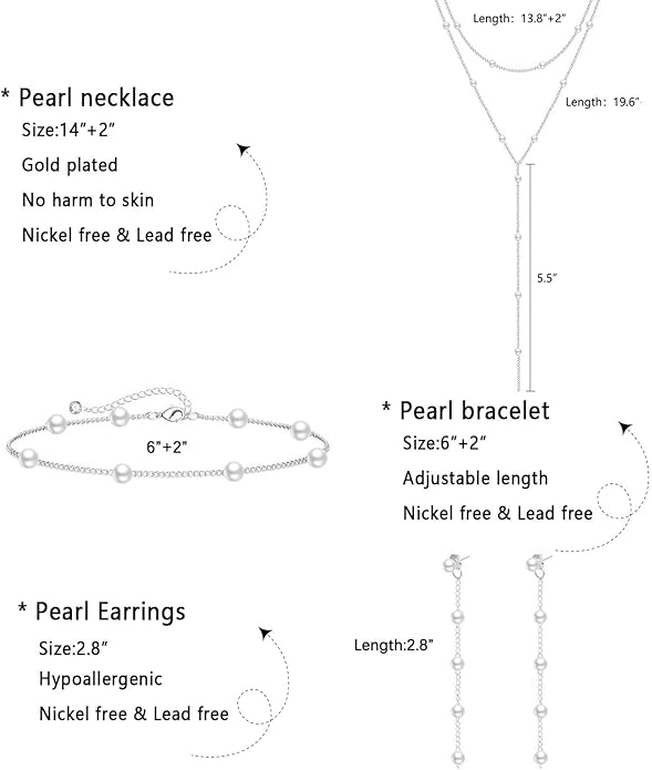 Zeffy Gold Pearl Necklace for Women, Dainty 14K Gold/Silve Plated Layered Pearl Choker Pearl Earrings Pearl Bracelets Wedding Trendy Gold Jewelry Set for Women Gifts