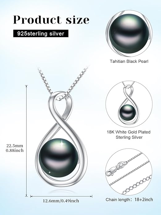 Tahitian Black Pearl 18K White Gold Plated Sterling Silver Heart/Infinity/Four Leaf Clover Pendant Necklace Jewelry Gifts for Women Wife Mom Girlfriend Wedding Birthday Anniversary Christmas