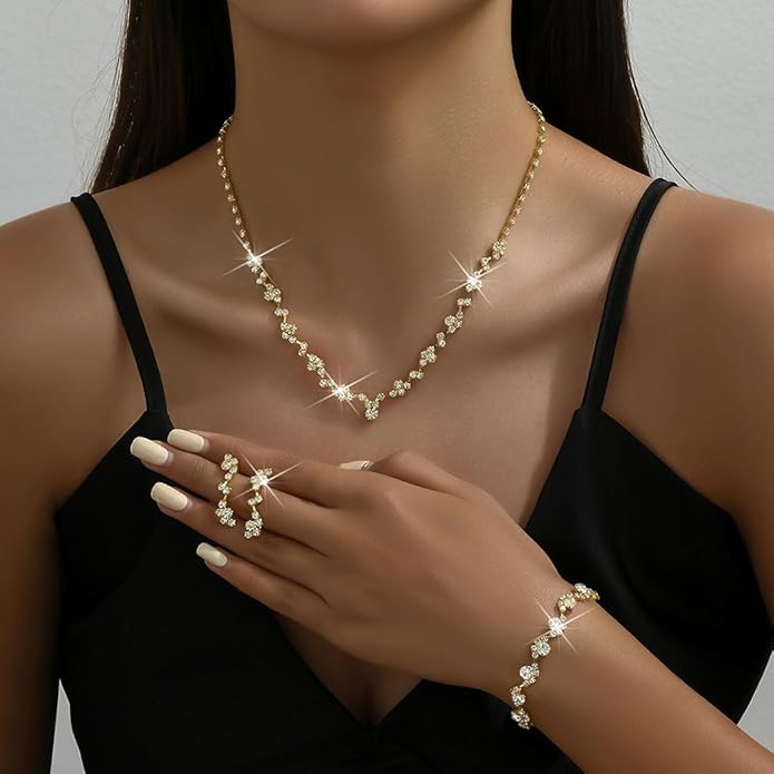 Unicra Bride Crystal Necklace Earrings Set Bridal Wedding Jewelry Sets Rhinestone Choker Necklace Costume Jewelry Set for Women and Brides (3 piece set - 2 earrings and 1 necklace)