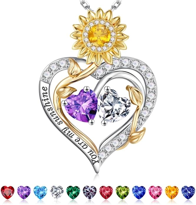 Iefil Valentines Day Gifts for Her - 925 Sterling Silver Sunflower Double Birthstone Necklace for Women, Anniversary Birthday Gifts for Wife, You Are My Sunshine Necklaces, Jewelry for Wife Mom
