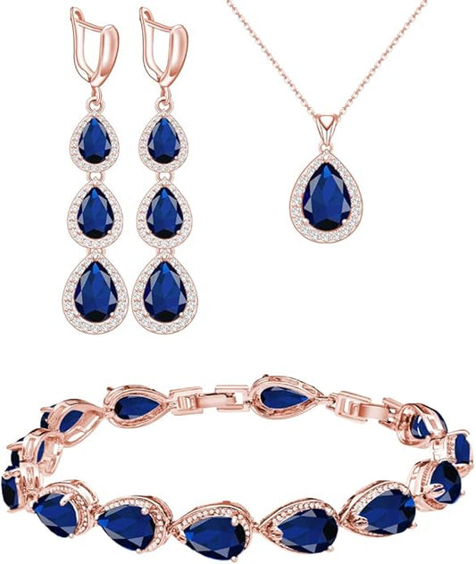 LMXXVJ Necklace Long Earrings Bracelet Set, White Gold Plated Created Blue Sapphire Jewelry Set Wedding Party Gift Jewelry for Women Bridal Bridesmaid