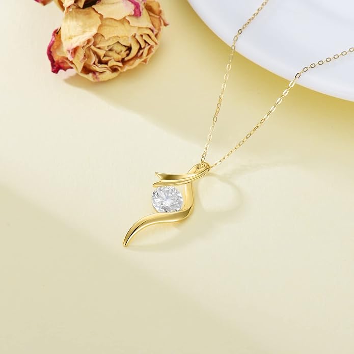 SISGEM 14K Real Gold 1 Carat Round-Cut Moissanite Necklace for Women,Yellow Gold Infinity/Heart Pendant Ribbon Necklaces Birthday Gifts for Wife Girlfriend 16''-18''