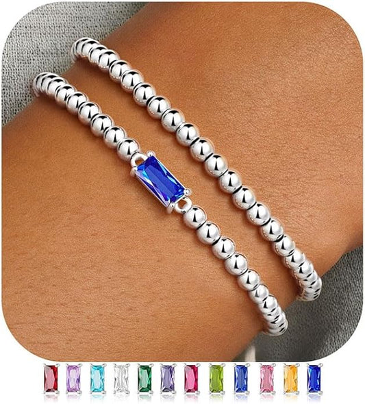 Ursteel Valentines Gifts for Her Kids Girls, Elastic Birthstone Bracelet for Women 14K-Gold-Plated Beaded Bracelet Non Tarnish Trendy Birthstone Jewelry Birthday Gifts for Women