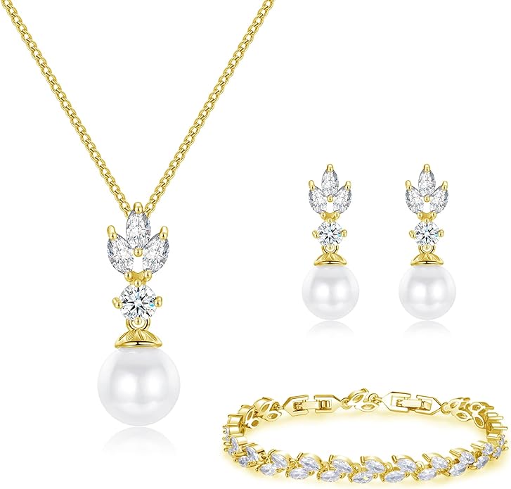 Wedding Jewelry for Bride Bridesmaid, Pearl Dangle Earrings and Pendant Necklace Set Bridal Jewelry for Promise Wedding Party